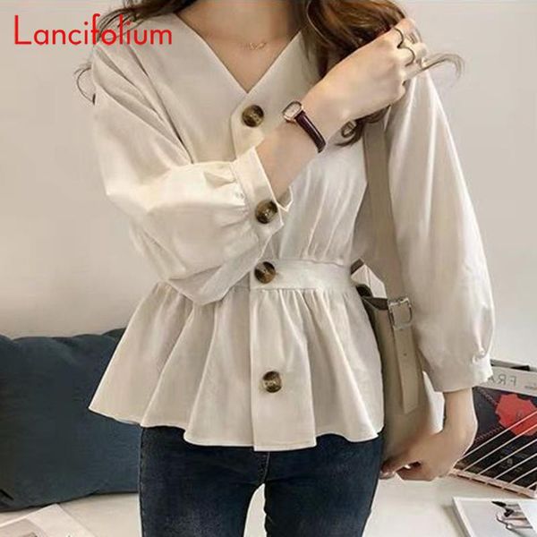 

vintage white blouse women korean fashion camisas femininas elegant v neck shirt ladies kawaii peplum linen plus size women's blouses