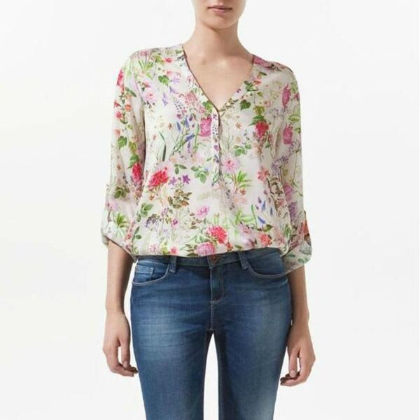 

women's blouses & shirts summer autumn ladies casual chiffon long sleeve floral prints loose for women feminine, White