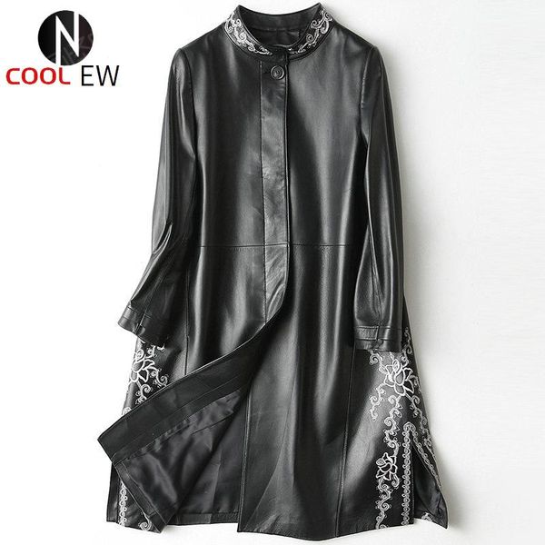 

women's leather & faux streetwear genuine overcoat women luxury embroidery sheepskin long coat jacket fashion winter stand collar outer, Black