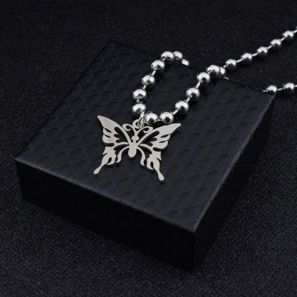 

chains punk rock sweet butterfly stainless steel pendant necklace streetwear ball chain polishing fashion unisex, Silver