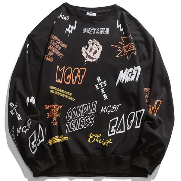 

men's hoodies & sweatshirts men high street round neck sweater male creative pattern printing pullover sweatshirt couple japan black lo