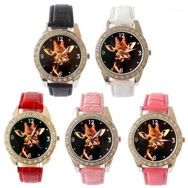 

wristwatches 10pcs giraffe animal black leather round crystal watch student gift, Slivery;brown