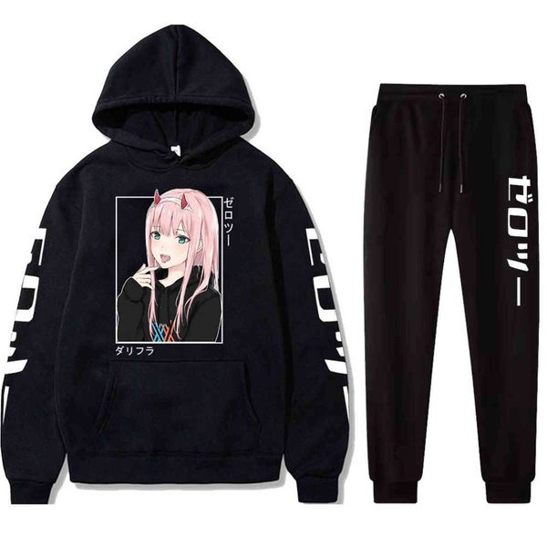

new kawaii anime darling in the franxx men women hoodies sweatshirts zero two hoodie pants harajuku jogging suits y1109, Black