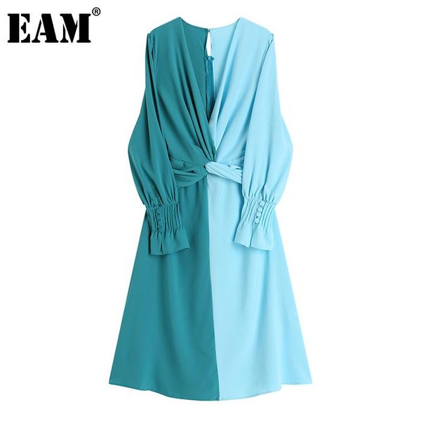 

[eam] women blue contrast color knot temperament dress v-neck long sleeve loose fit fashion tide spring autumn 2021 1da342 casual dresses, Black;gray