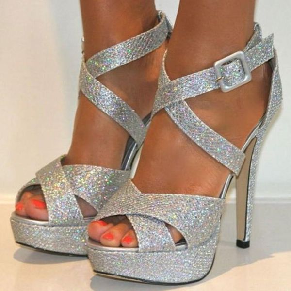 

handmade women high heel sandals x buckle strap party prom summer shoes platform glitter evening fashion, Black