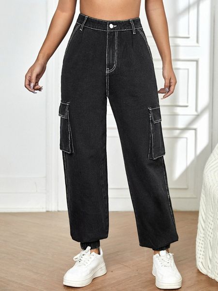 

high waisted contrast stitch flap pocket cargo jeans o26b#, Blue