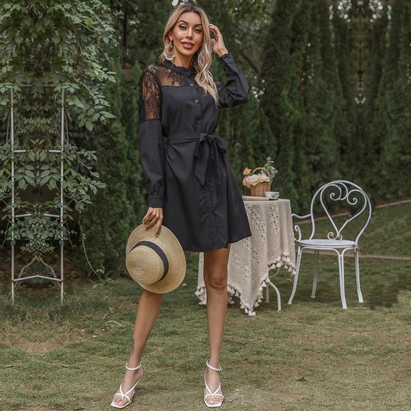 

casual dresses women's single breasted spring summer solid color half neck stitching lace long sleeve shirt short dress, Black;gray