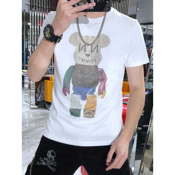 

w05712021 summer new t slim personality round neck fashion net red bear drill short sleeve t-shirt, White;black