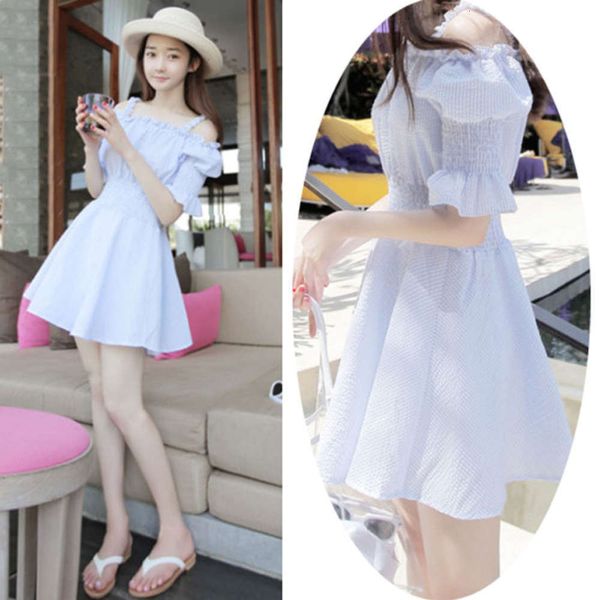 

casual dresses dress women clothes summer korean sweet little fresh girl's slim stripe off shoulder trumpet sleeve beach td3f, Black;gray