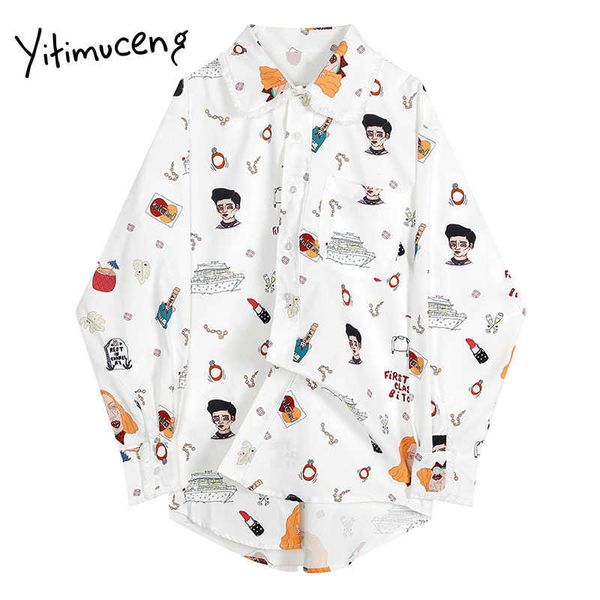 

yitimuceng print blouse women button up shirts loose spring korean long sleeve turn-down collar single breasted casual 210601, White