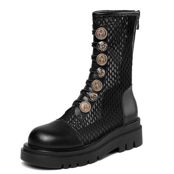 

genuine leather summer boots shoes for women platform fashion quality thick heels pumps office lady woman, Black