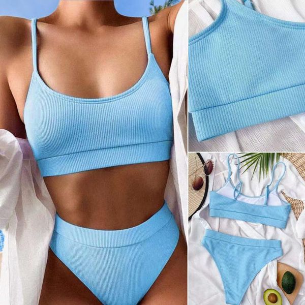 

push up bikinis set high waisted women's swimsuit solid swimwear ribbed bathing suit strap beachwear biquini 2021 summer two-piece suit