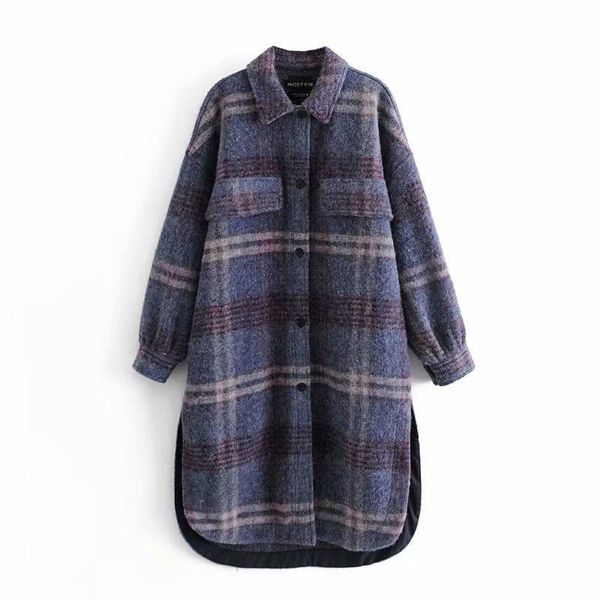 

women's wool & blends 2021 winter street fashion casual all match plaid woolen shirt jacket for laides oversized stand collar female, Black
