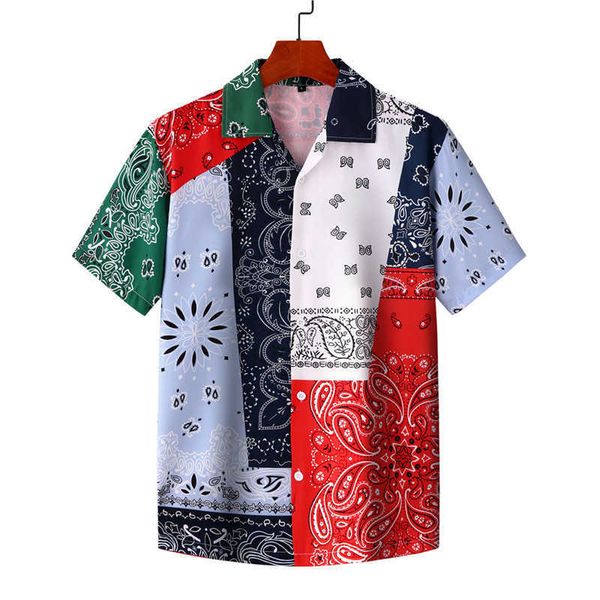 

men's funny hit color block tropical print summer short sleeve loose buttons hawaiian shirt blouse shirts men 210527, White;black