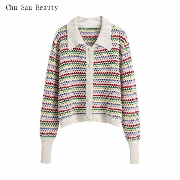 

women's knits & tees chu sau beauty 2021 sweater, youthful hollow design, multicolor striped sweet collar coat, White