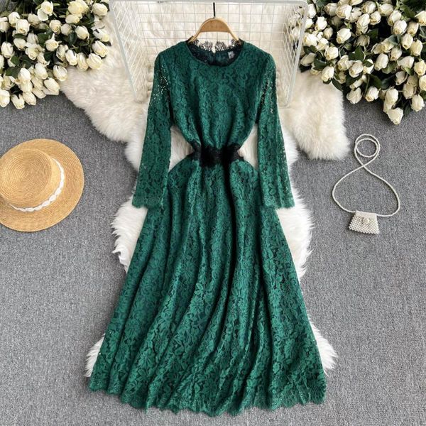 

casual dresses c170 women fashion autumn retro lace a-line dress round neck long sleeve slim waist elegant lady's vintage clothes vesti, Black;gray