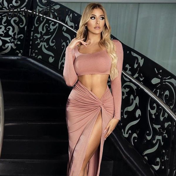 

summer long sleeve women dresses crop two piece set side ruched high split party night vestidos, Black;gray