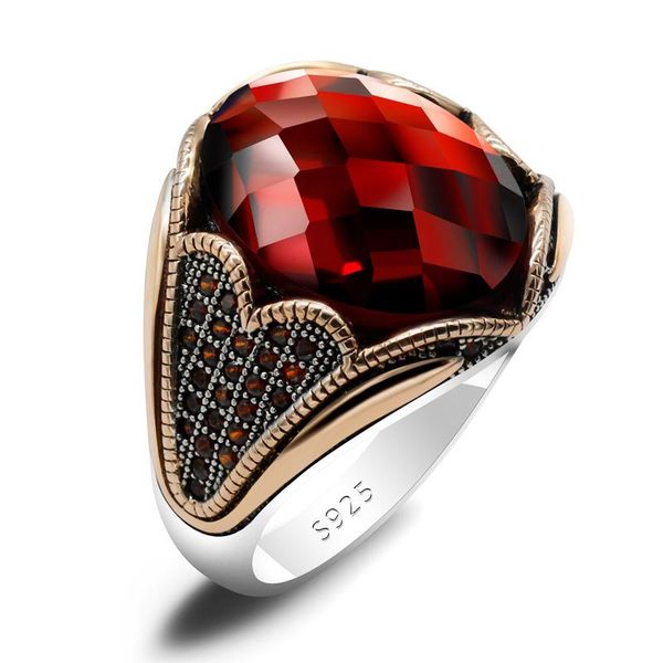 

cluster rings style red zircon men's ring 925 pure silver middle east, Golden;silver