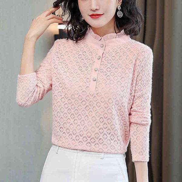 

womens and blusas plus size l 4xl solid color long-sleeved stand neck mesh red lace bottoming blouses shirt 881a 210420, White