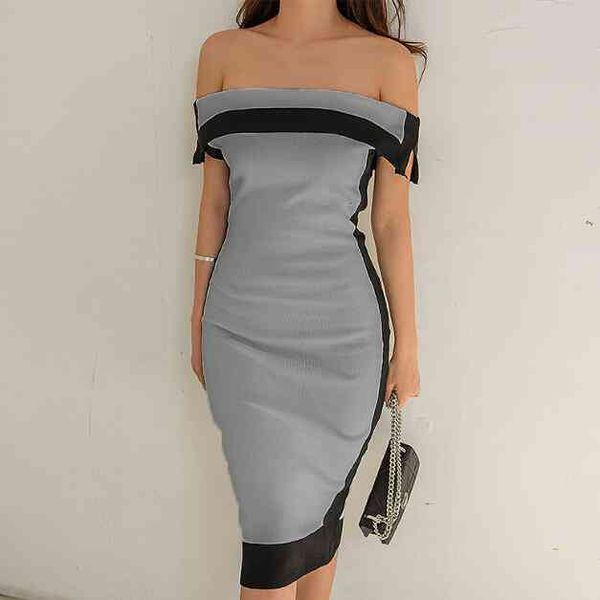 

off shoulder slash neck short sleeve korea women night club party knit dresses knee-length elegant ladies bodycon casual sexy, Black;gray