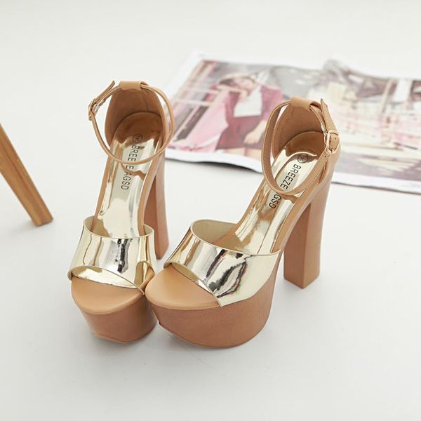 

summer fashion platform sandals gold peep toe mirror patent leather ankle strap high heels party shoes plus 34-39, Black