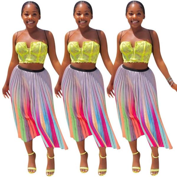 

skirts 2021 summer women's fashion rainbow stripe pleated skirt, Black