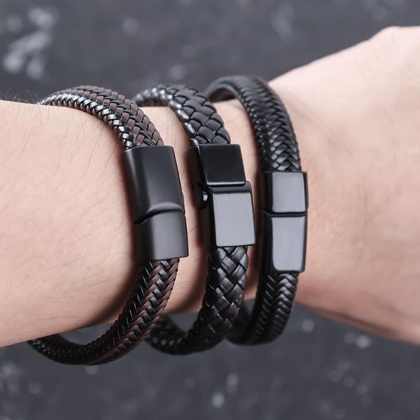 

charm bracelets men jewelry classic black braided leather bracelet for fashion stainless steel magnetic clasp punk homme bangles gifts, Golden;silver