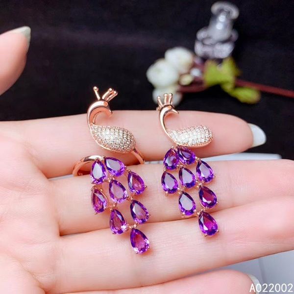 

fine jewelry 925 sterling silver inlaid amethyst female gemstone ring pendant set classic bracelet, earrings & necklace, Black