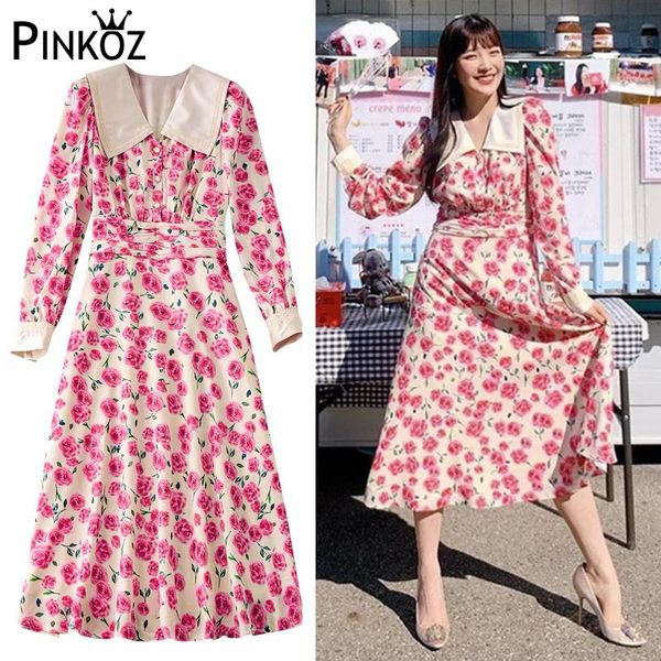 

bohemia long-sleeved print rose flowers single-breasted party shirt women's vintage holiday mid-length dress prairie chic 210421, White