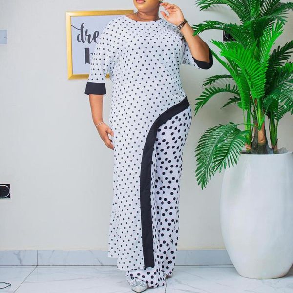 

summer western style two piece sets fashion casual oversize african wave point printing irregular round neck swallowtail women's pants, White