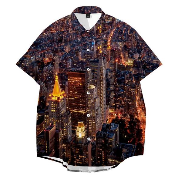 

men's casual shirts city skyscape men lapel neck short sleeve button 3d luxury printing hawaiian shirt loose harajuku blouse chemise, White;black