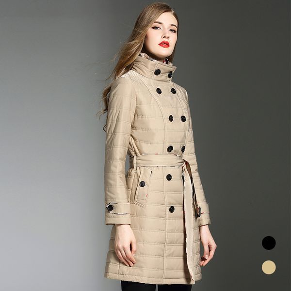 

women's down & parkas england double-breasted female cotten-quilted chic jacket with seatbelt winter coats coat d545, Black