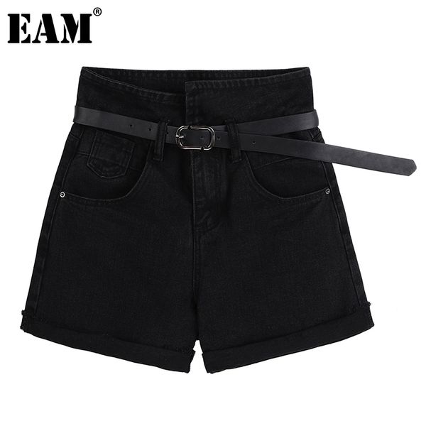 

[eam] women wide leg black blue irregular denim shorts high waist loose fit trousers fashion summer 1dd6812 210512, White;black