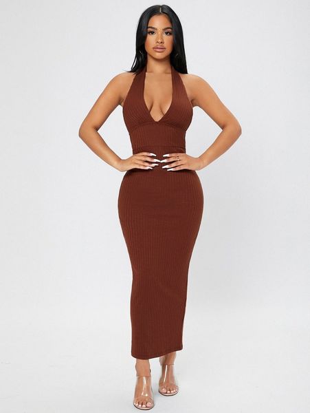 

petite ribbed knit tie backless halter bodycon dress d7ox#, Black;gray