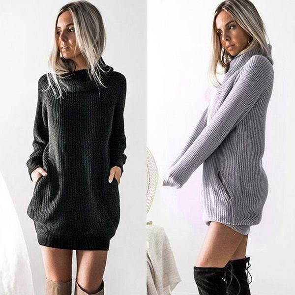 

casual dresses autumn winter sweater dress solid womens long sleeve turtleneck knitted roll neck jumper ladies mini, Black;gray