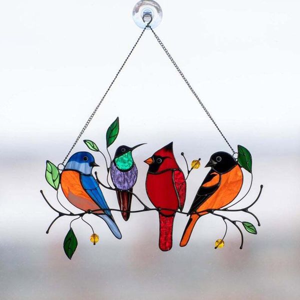 

40# multicolor birds on a wire high stained suncatcher window panel bird series ornaments pendant home decoration gifts garden decorations