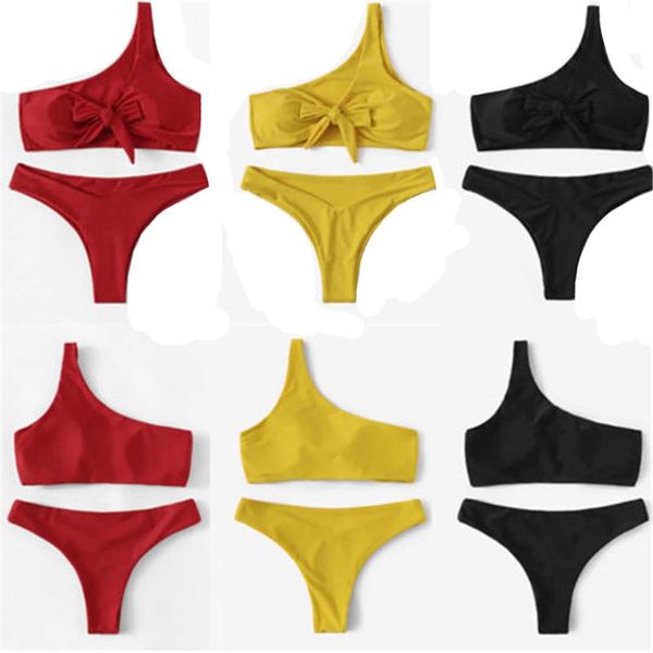 

women's swimwear 2021 2pcs wome bikini set solid swimsuits bandage one-shoulder bathing pool clothes biquinis femme padded sport beach, White;black