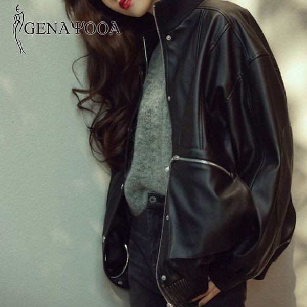 

genyaooa arrival women autumn winter leather jacket oversized boyfriend korean style female faux outwear black coat 210417, Black;brown