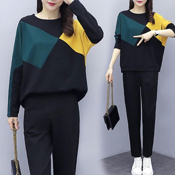 

plus size summer set womens tracksuits long sleeve sports suit patchwork o neck pant 2 piece tracksuit for women, Gray