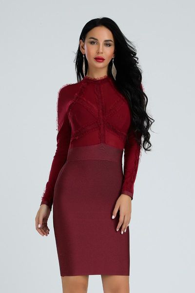 

casual dresses elegant long sleeves mesh patchwork perspective lace ruffles bodycon red black rayon sheath bandage dress, Black;gray