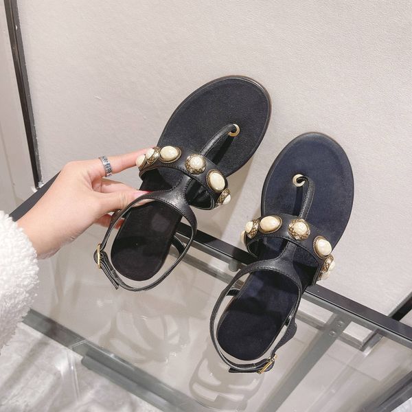 

flat pearl thong sandals rhinestone real leather studded sling back sandals nova high heels, Black