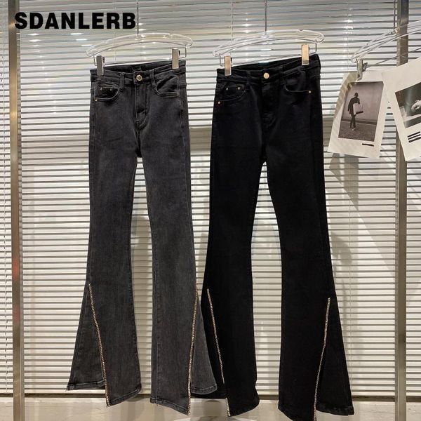 

women's jeans 2021 autumn denim boot cut pants metal chain split trousers socialite all-matching stretch slim flared, Blue