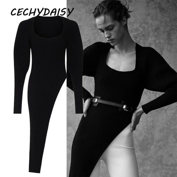 

autumn winter 2021 knitted sweater dress women high split vintage long sleeve black white bodycon dresses vestido de mujer casual, Black;gray