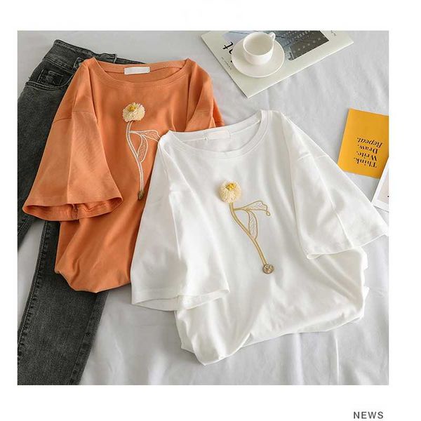

summer women's short sleeve t-shirt round collar embroidered design fashion loose casual female pullovers simple, White