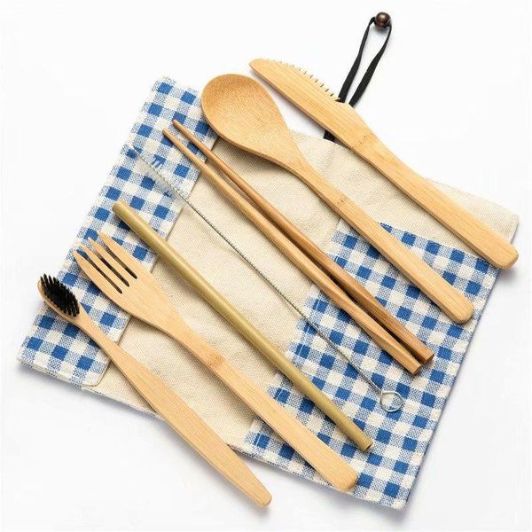 

dinnerware sets wooden flatware cutlery set with cloth bag bamboo straw knives fork spoon chopsticks and toothbrush travel tool dining