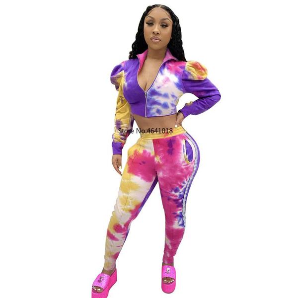 

woman 2 pieces sets outfits tie dye print puff sleeve crop pencil leggings pants suit fitness two tracksuits piece dress, White