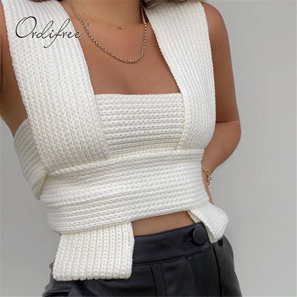 

summer lace up knitted women white tank streetwear fashion camisole vest 210415