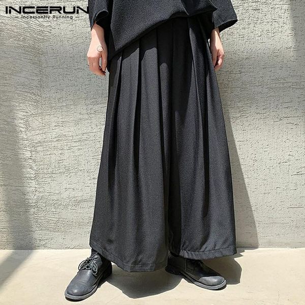 

men's pants 2021 fashion men wide leg elastic waist baggy streetwear trousers solid joggers casual pleated pantalon incerun 5xl 7, Black