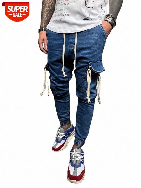 

men's denim fabric casual sweatpants drawstring workwear jeans #cn3e, Blue