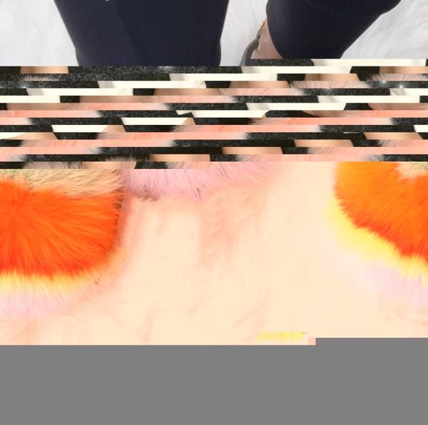 

summer fluffy fur slippers shoes women flip flop flat furry plush slides outdoor sandals woman fashion, Black